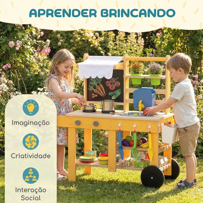 Cozinha Infantil Exterior de Madeira com Rodas Água Real Vasos Quadro e 15 Acessórios amarelo