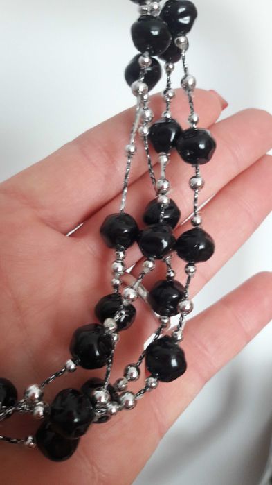 Naszyjnik koraliki czarne srebrne +2 bransoetki