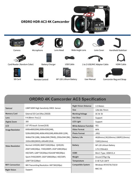 Câmara de filmar Ordro AC3 4K