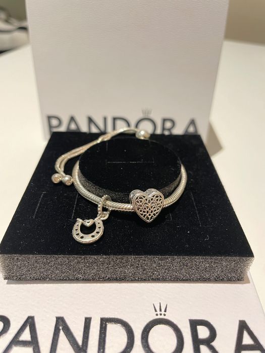 Srebrna bransoletka Pandora +zawieszki +pudełko