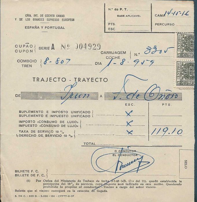 Comboios - Espanha - Recibo antigo 1959 - reserva de cama IRUN - FONTES DE ÕNORO selos fiscais