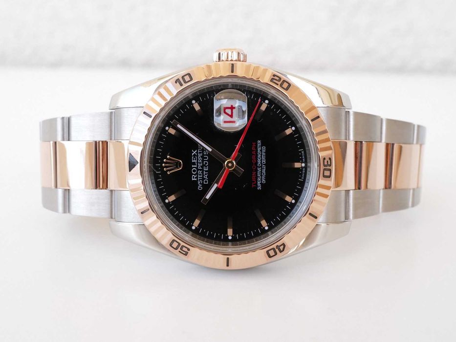 Rolex Datejust Turn-O-Graph 18K Rose Gold Steel Black Dial 36