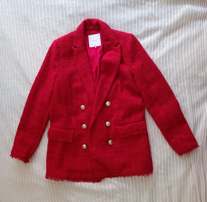 Czerwona tweedowa marynarka długi rękaw elegancka mohito 36 S