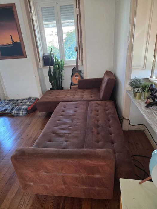 Sofá Cama com Chaise Longue Castanho (Modular/Para Restauro) – Negociável