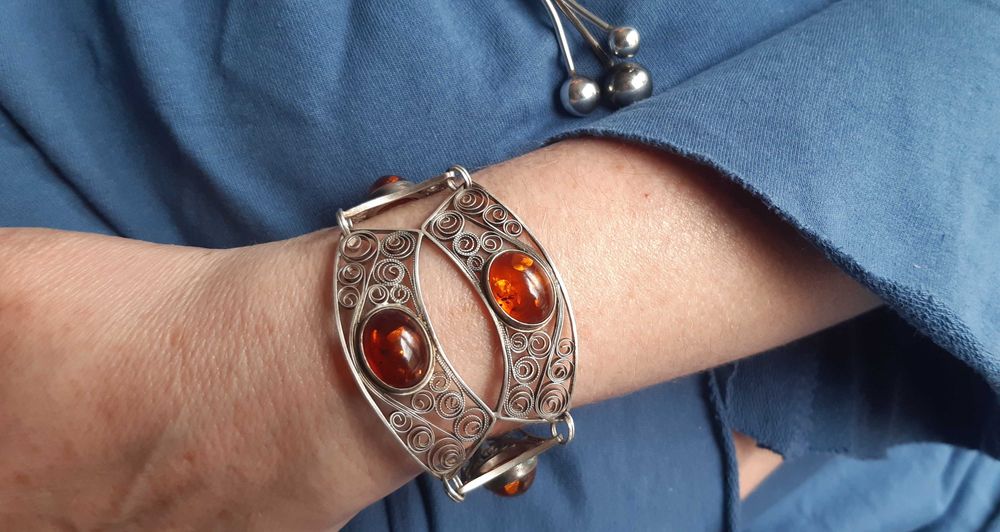 Okazała bransoleta Imago Artis filigran z bursztynami.