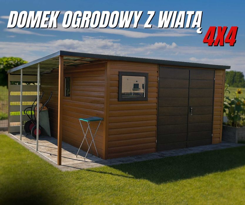 Domek Ogrodowy 4x4 z wiatą Złoty Dąb + Ciemny Orzech MONTAŻ GRATIS