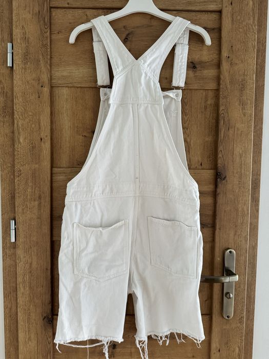 Spodenki jeansowe męskie S  białe ogrodniczki  bawełna z kieszeniami