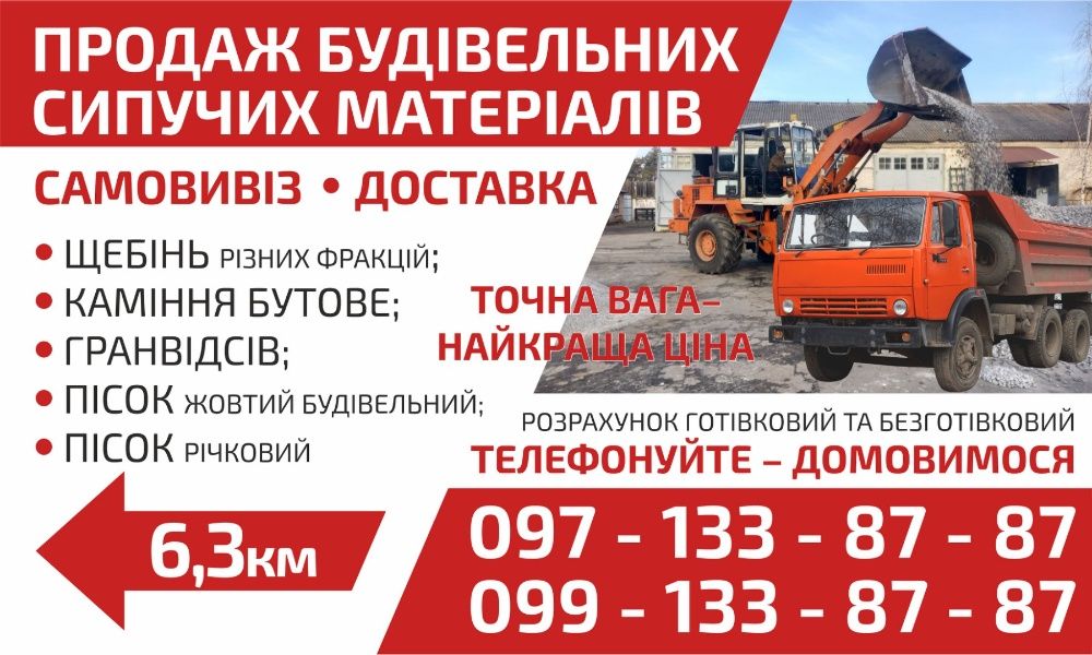 Щебінь різних фракцій, щебень, отсев,  гранвідсів, каміння бутове, піс