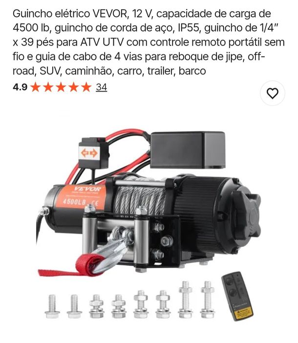 Guincho Elétrico VEVOR 12V 4500 lb com Comando Sem Fios - selado