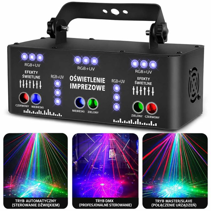 Światło Dyskotekowe LED RGB DMX Projektor Imprezowy DJ Sterowanie Muzyką Pilot Disco Stroboskop KTV