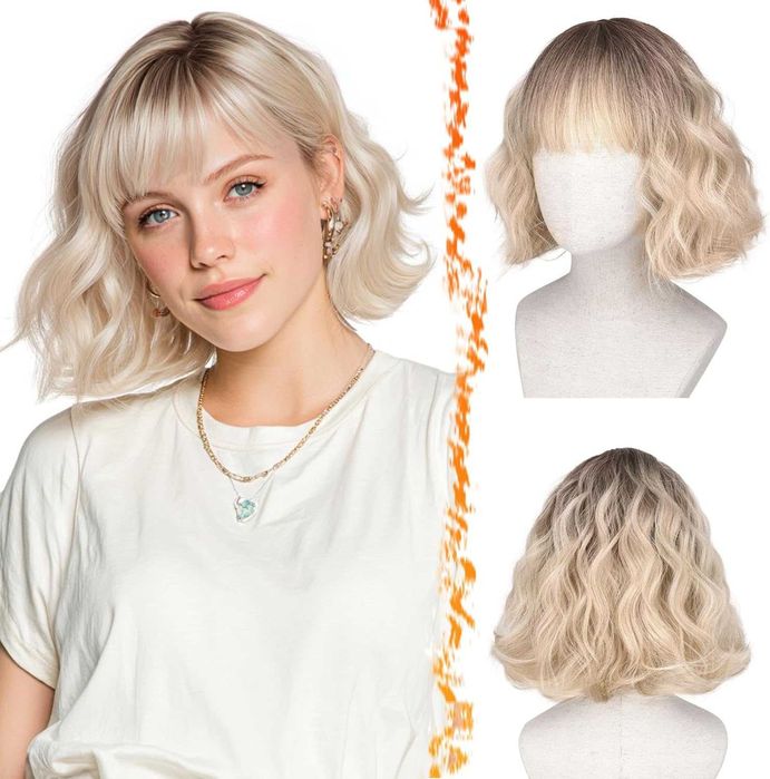 BARSDAR Peruka Bob Ombre Blond z Grzywką 30 cm