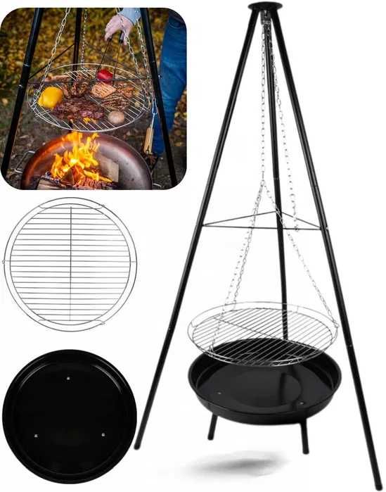 Grill Ogrodowy Wiszący Ruszt Palenisko Trójnóg Chromowany Solidny