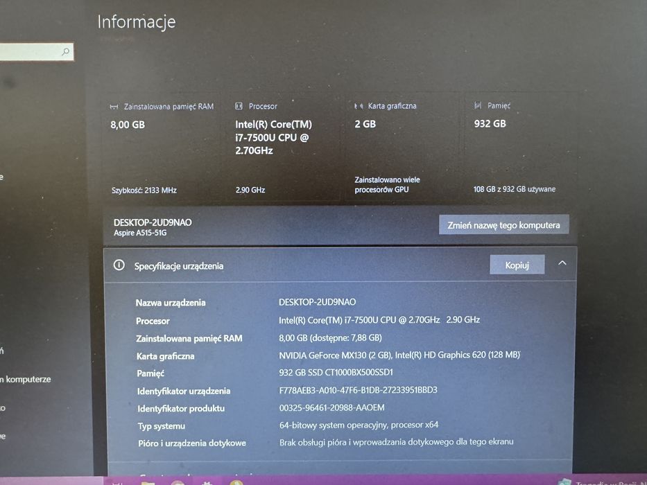 Acer Aspire A515-51G Intel Core i7 SSD 1TB