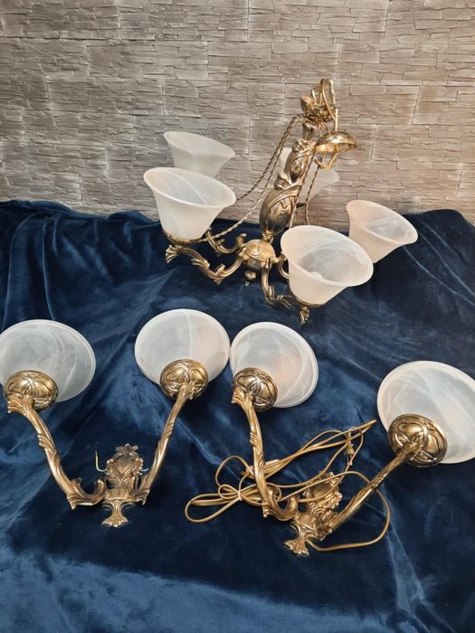 Piękny pałacowy zestaw mosiężny,żyrandol plus 2 kinkiety.
