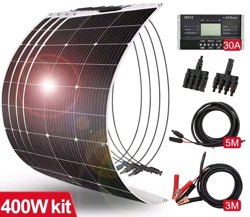400вт Dokio DFSP-100M  гнучка сонячна панель 4x100w + контролер 30А + кабелі 2х5м + МС4-перехідник