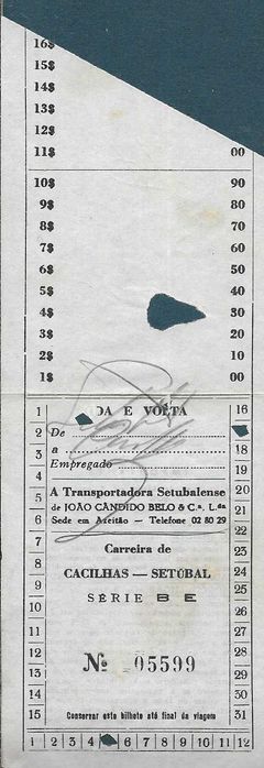 A Transportadora Setubalense - João Cândido Belo & Cª Lda. - Bilhete de Ida Cacilhas-Setúbal - antigo - autocarros