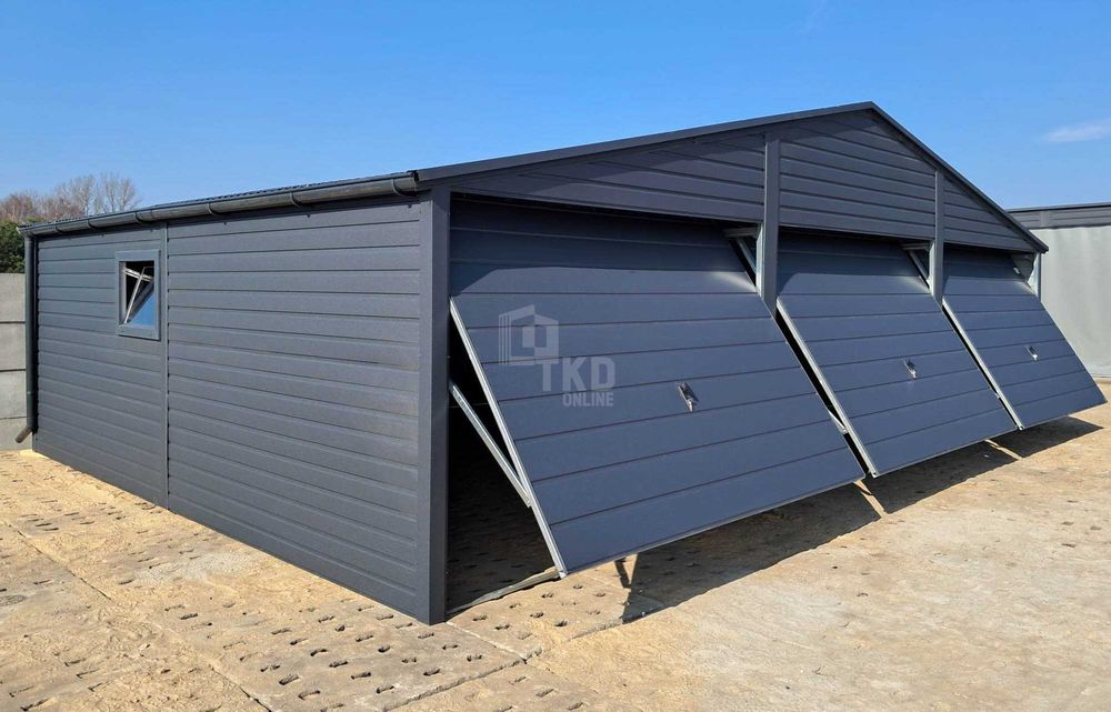 Garaż blaszany 9x6m 3x Brama uchylna okno rynny  dach dwuspad TKD254