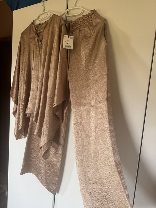 Zara komplet elegancki beżowy acetat