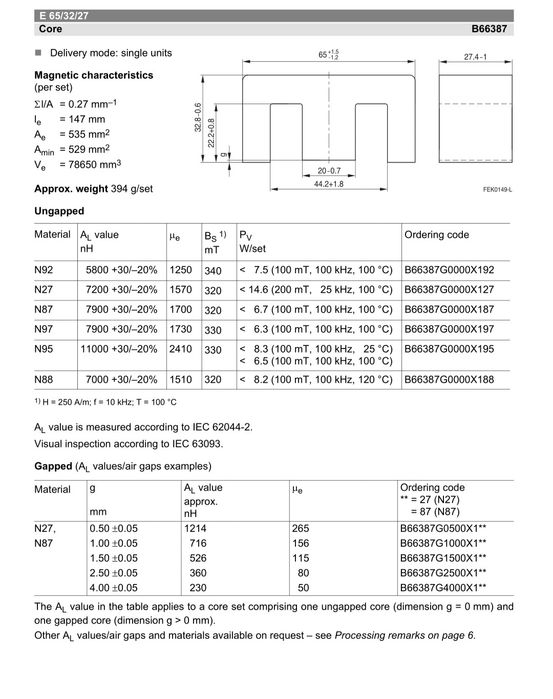 Феритові сердечники E65/32/27 Феррит  EPCOS  B66387 G0000-X127