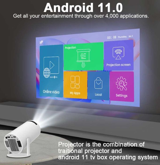 Projetor led 6000 lumens + Android 11 + Keystone 4D / 1080P