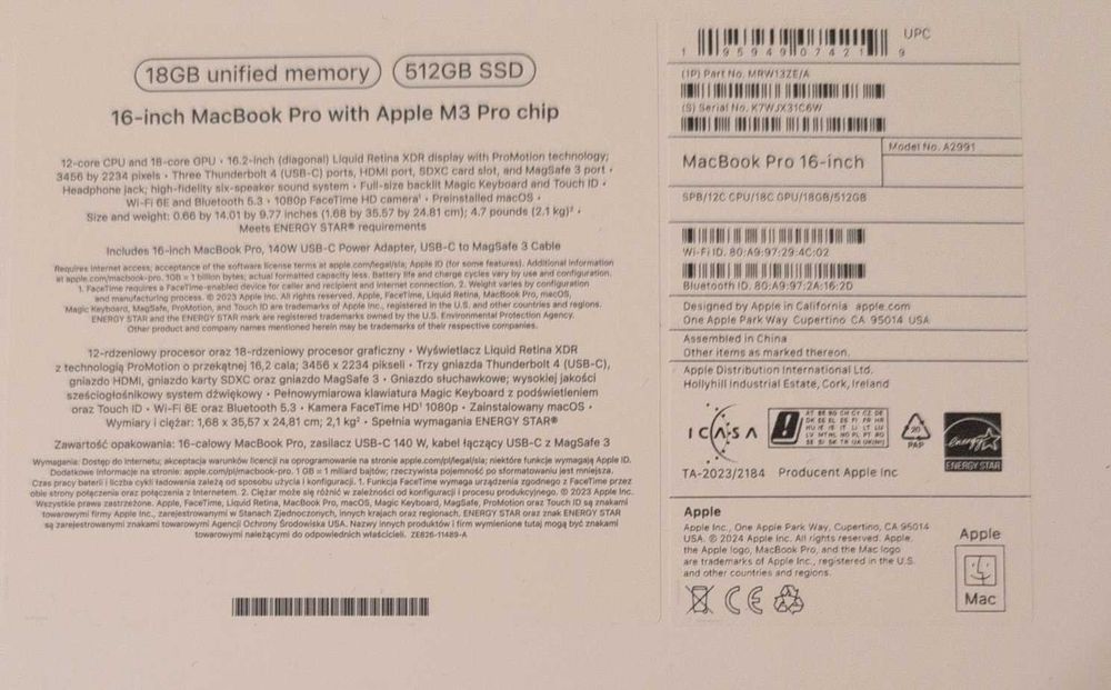 16-calowy Macbook Pro M3 (512GB SSD - 18GB Unified RAM)