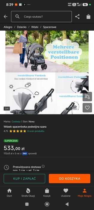 Wózek costway podwójny szary