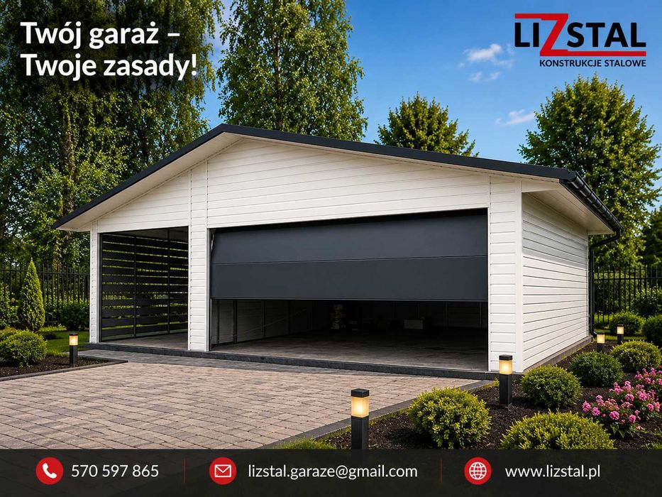 Garaż z wiatą 6x6, wypusty dachu, segmentowa