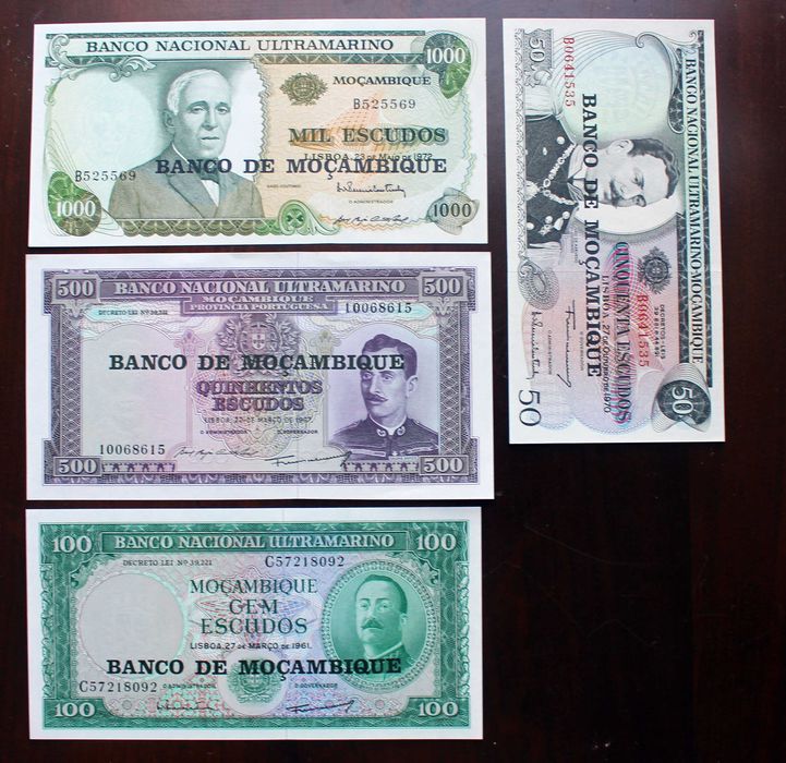 4 Notas Novas de Escudos de Moçambique de 1961 a 1972