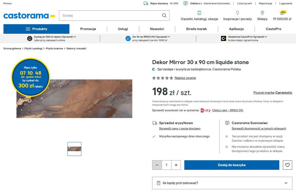 Płytka ścienna szklana dekor Mirror Liquide Stone 30x90 Castorama