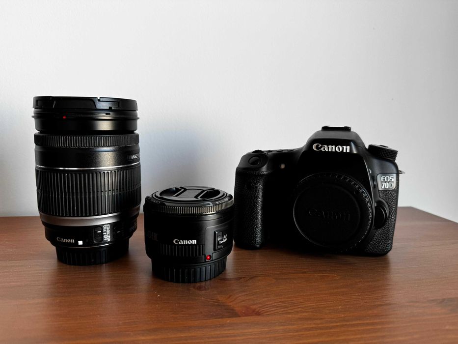 Canon EOS 70D + 18-200mm IS + 50mm f/1.8 + acessórios