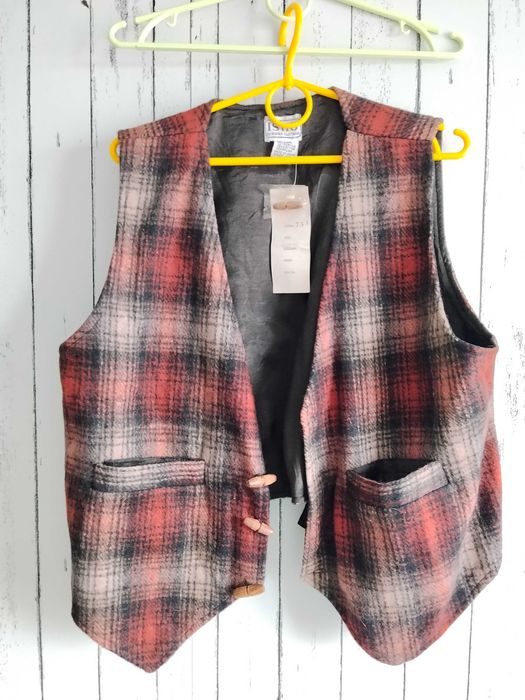 Wełniana kamizelka w kratę ISHU Vintage Boho Gilet z wełną Premium M/L