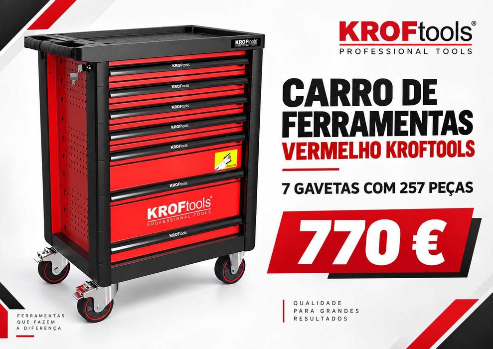 CARRO DE FERRAMENTAS VERMELHO KROFTOOLS 7 GAVETAS COM 257 PEÇAS LL29