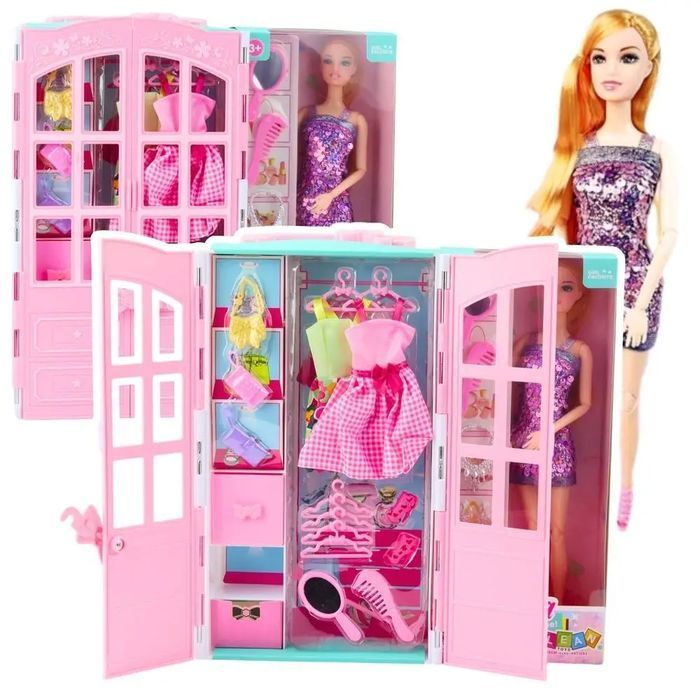 Lalka z szafą i akcesoriami. LEAN Toys