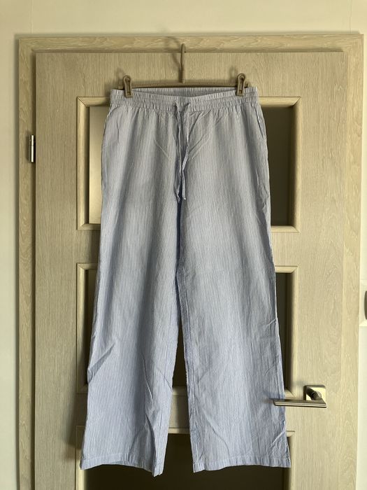 spodnie w paski wide leg z szerokimi nogawkami popelinowe h&m piżamowe
