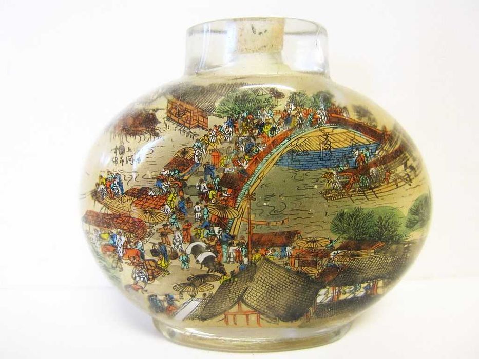 grande frasco - Snuff bottle asiático com pintura reversa-assinada