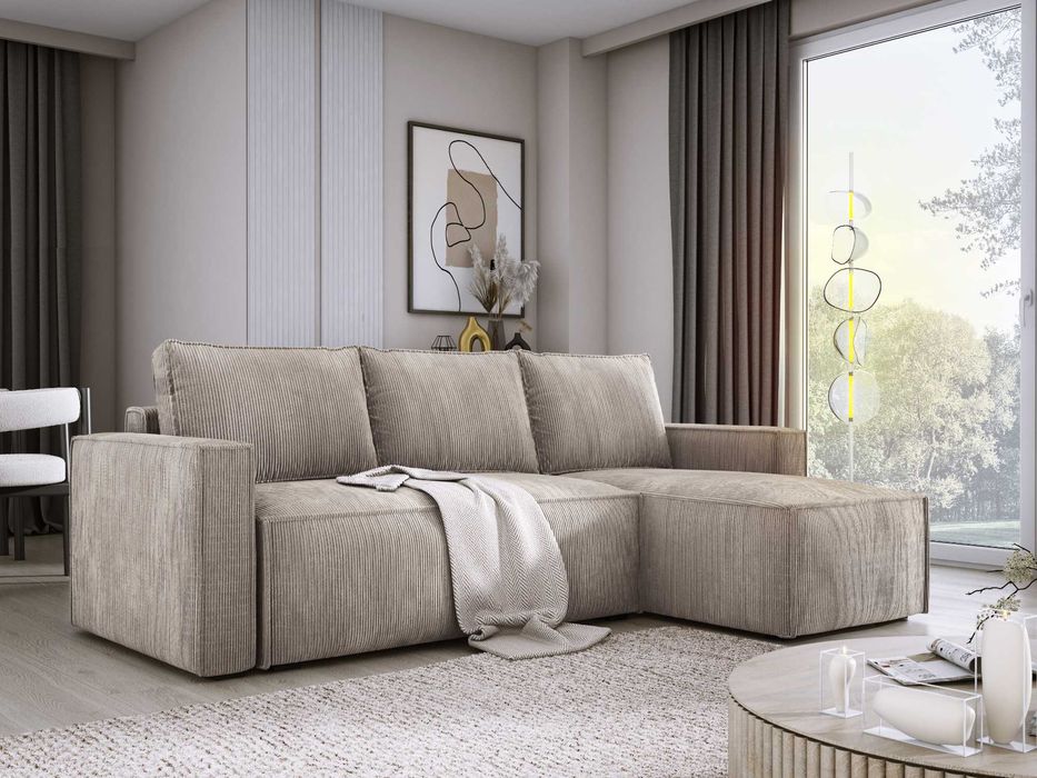 Sztruksowy narożnik KENZO z funkcją spania i pojemnikiem na pościel