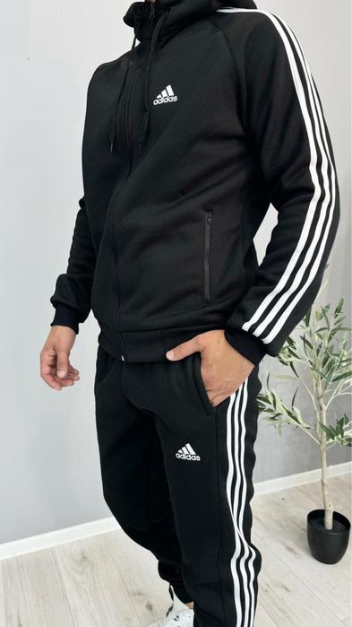 Чоловічий зимовий спортивний костюм Adidas чорний з капюшоном на блискавці Комплект Адідас на флісі (B)