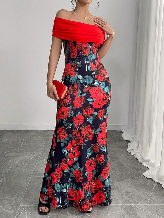 Sukienka Syrena W Róże Carmen Twist Maxi Casual Shein M 38