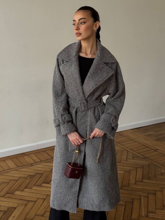 Пальто з поясом на підкладці сіре тепле кашемір альпака гарне оверсайз