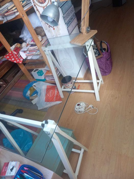 Mesa secretaria metal tampo vidro como nova