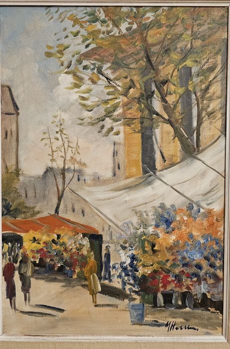 Stary obraz olejny targ kwiatowy Paryż