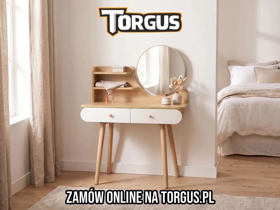 NOWA Toaletka Kosmetyczna Scandi z Okrągłym Lustrem 40 cm 2 Szuflady Półki Biurko Makijażowe Skandynawska Jasny Buk Biała do Sypialni OKAZJA! FV
