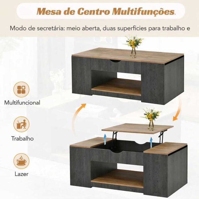 Mesa de centro multifunções com tampo elevatório — nova e embalada