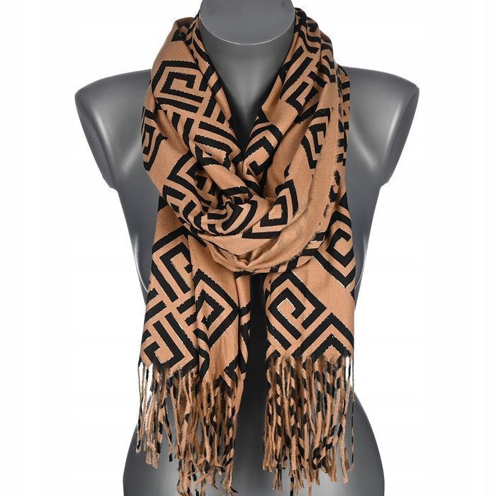 Camelowy Piękny elegancki szalik damski szal ciepły modny wzór frędzle