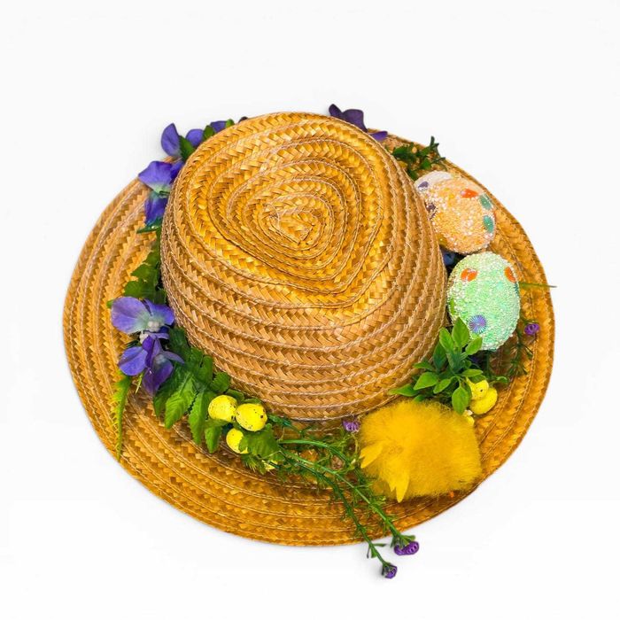 Chapéu Decorativo Páscoa em Palha com Pintainho, Ovos e Flores