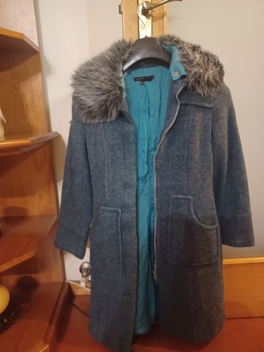 Casaco fazenda azul,pelo joelho,cintado,pêlo na gola,quentinho, Zara,S