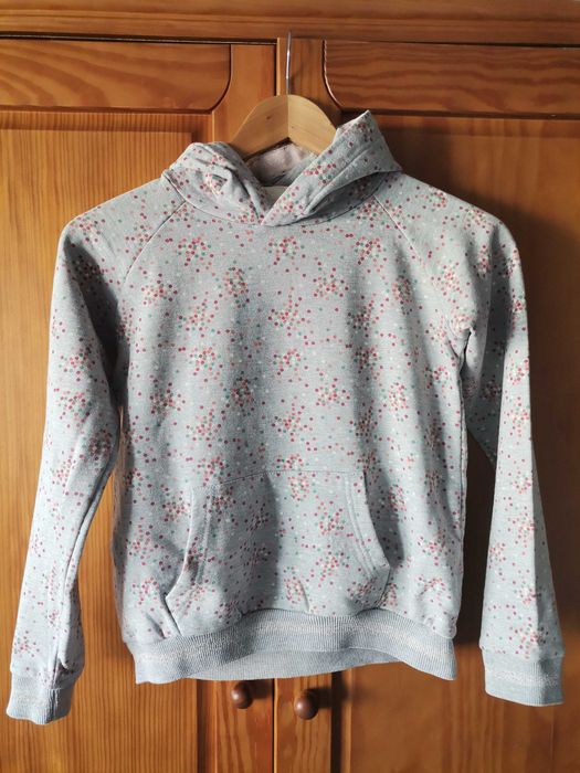 Gray Sweater with Colorful Polka Dots and Hood