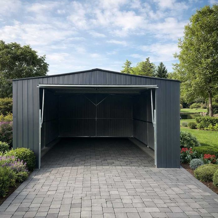 Garaż blaszany 4x5 RAL 7016 Brama Podnoszona Dach Dwuspadowy, Obróbki