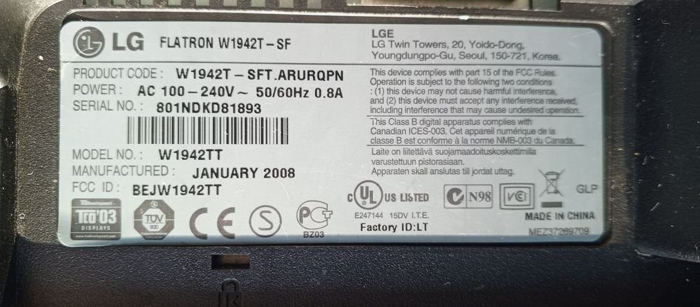 Монитор 19" LG Electronics W1942T-SF Silver