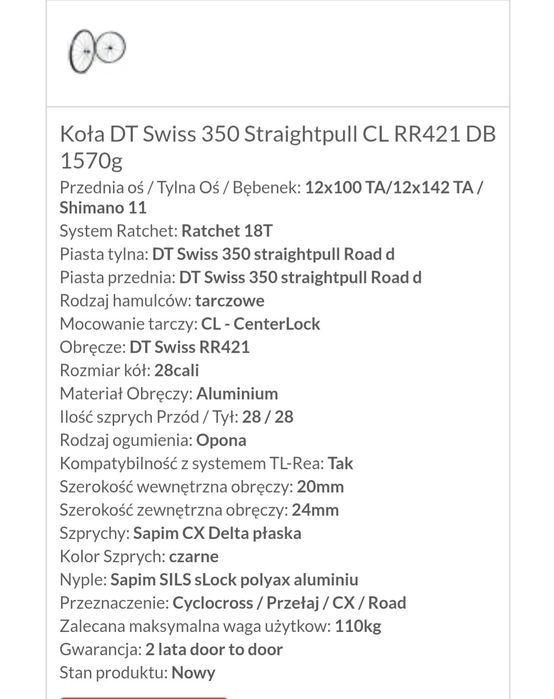 Koła DT Swiss 350 Straightpull CL RR421 DB 1570g